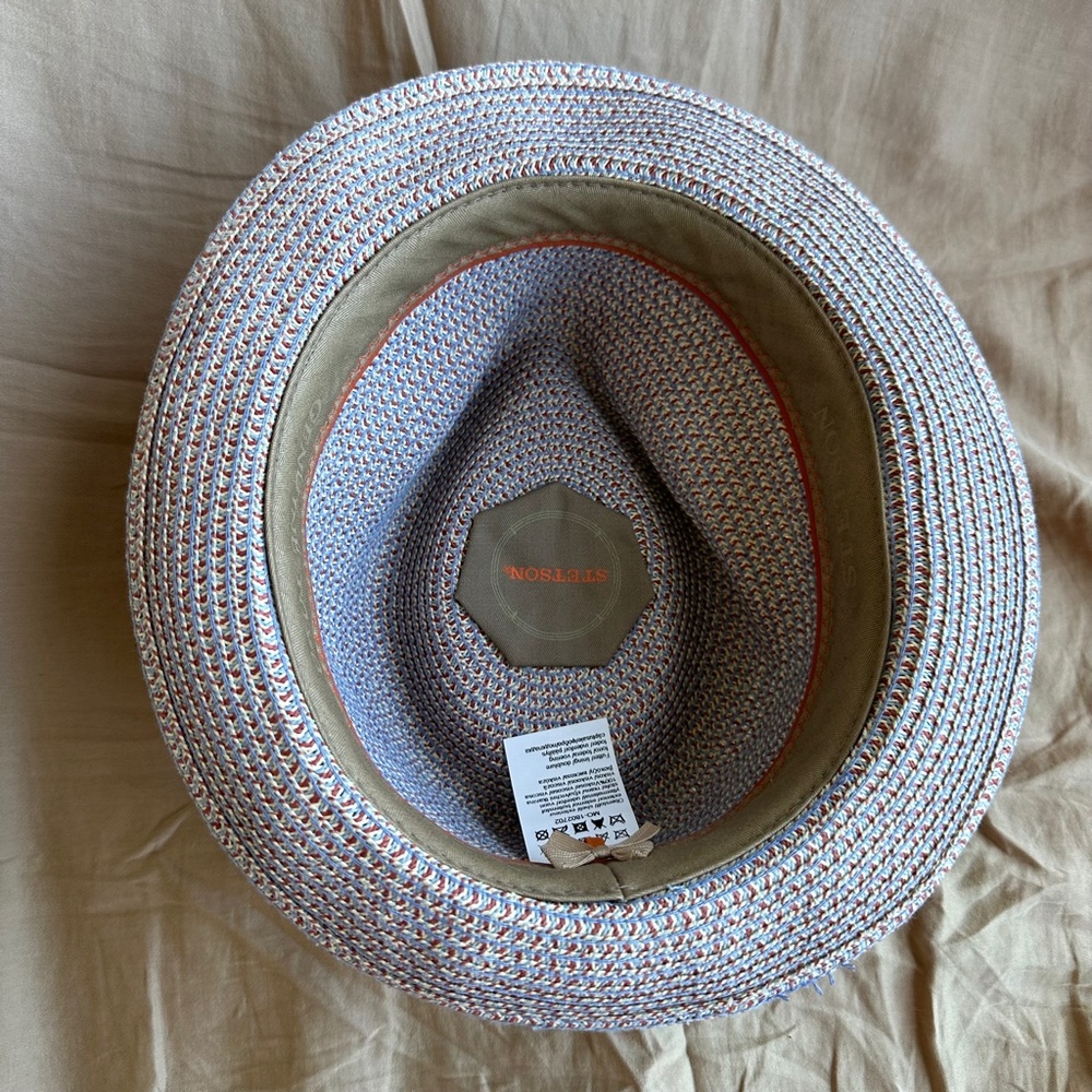 STETSON Sun Guard Summer Toyo Straw Hat Pork Pie Hat Blue Orange Accents - Picture 5 of 8
